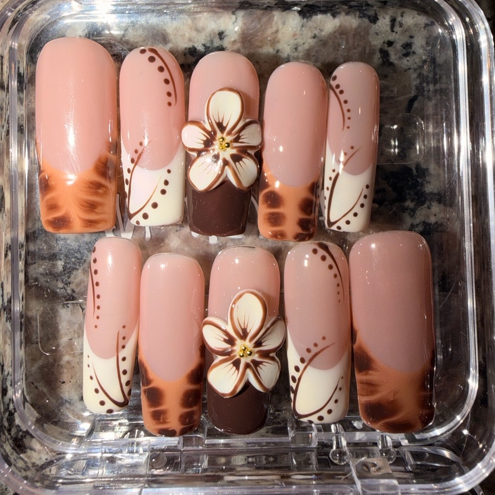 Brown and Cream Floral Hand Made Press-On Nails